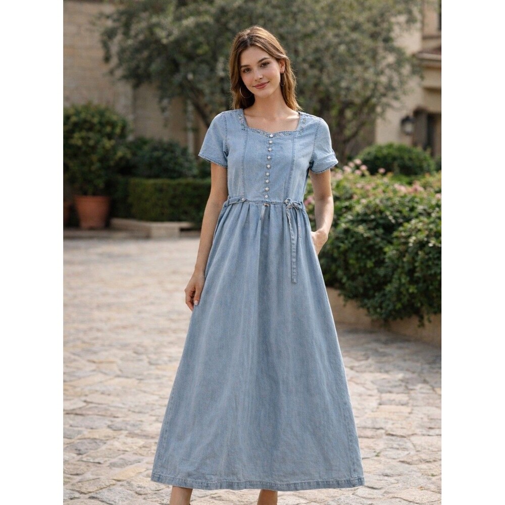 Vintage Erika 90s Denim Midi Dress Modest Teacher Prairie Cottage Embroidered